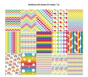 Detailed grid layout of 15 rainbow themed decorative paper styles for DIY scrapbooking