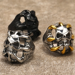 Men's gothic skull rings in silver and matte black finish with intricate claw designs