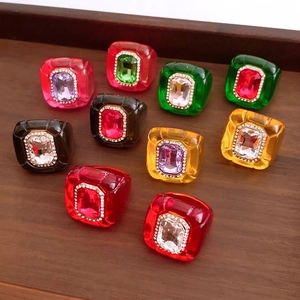 Vintage resin hexagon rings with rectangle crystal stone and rhinestone halo set of 10