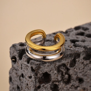 925 Sterling Silver Ear Cuff Double Layer Two Tone Gold Plated Clip On Earrings No Piercing Geometric Minimalist Style