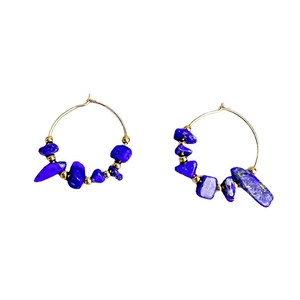 French bohemian hoop earrings with vintage gold finish and blue lapis lazuli stones