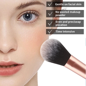 Detailed view of soft synthetic makeup brush head applying powder on face skin