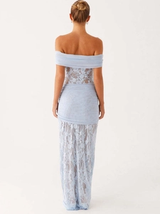 Back view of elegant light blue lace bodycon maxi dress with open back and lace-up ribbons