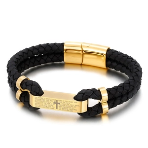 Bracelet pour homme en cuir tressé noir avec croix dorée et gravure de l'oraison