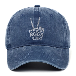 Retro washed navy baseball cap with Good Vibes skeleton gesture embroidery