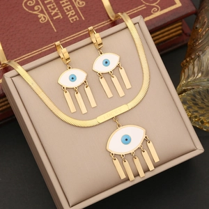 Evil Eye Jewelry Stainless Steel Gold Plated Enamel Flat Snake Chain Tassel Lucky Letter Necklace Earrings Bracelet Ring