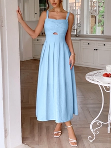 Elegant blue cutout sleeveless midi dress for women, ideal for beach holiday vacations