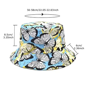 Reversible butterfly print bucket hat for sun protection with size dimensions shown