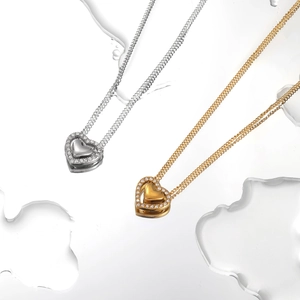 Minimalist double layer heart pendant necklace in gold and silver with zircon accents