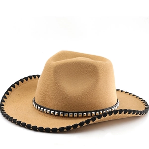 Western Cowboy Hat Vintage Fedora With Rivet Belt And Woven Edge Wide Brim Cotton Polyester Jazz Style For Men Women