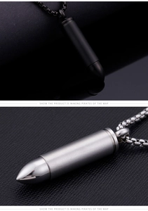 Detail view of bullet-shaped pendant necklaces in black and silver with box chain