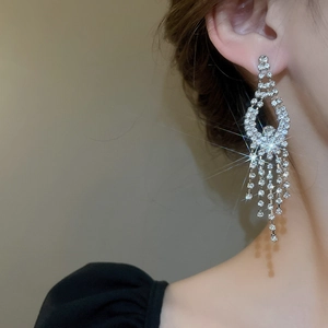Close-up of silver tassel earrings with sparkling rhinestones on a female model