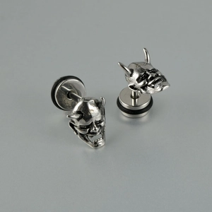 Boucles d'oreilles punk masque Hannya en acier inoxydable au fini argent vintage