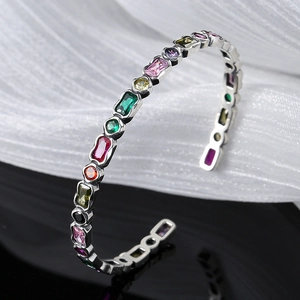 French vintage S925 silver open bangle with colorful geometric zircon gemstones