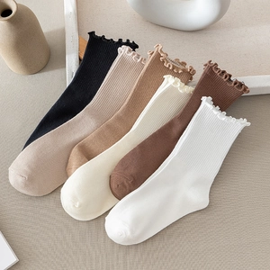 Women Cotton Ruffle Slouch Socks Ribbed Knit Solid Color Lettuce Trim Mid Calf Casual JK Style Soft Breathable