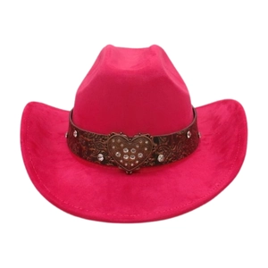 Close-up of rose red suede cowboy hat with crystal heart buckle on embossed leather band
