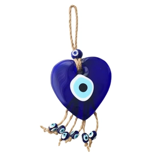 Handmade heart-shaped blue evil eye glass pendant with rustic jute rope hanging tassel
