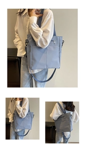 Detail view of light blue nylon tote bag with multiple pockets and adjustable strap