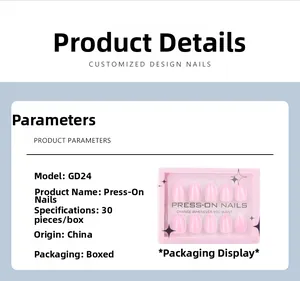 Macro detail of almond pink translucent press-on nails in professional box packaging