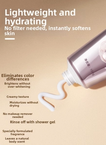 Detailed view of white cream texture on a lavender tube of 100g body tone-up lotion