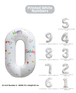 Tableau des tailles pour ballons chiffres blancs 32 pouces avec imprimé Happy Birthday