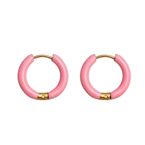 Pink enamel 18K gold plated stainless steel hoop earrings for women in a pair