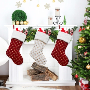 Christmas Stocking Velvet Gold Sequin Grid Pattern Faux Fur Cuff Holiday Hanging Decor Festive Fireplace Ornament Red White