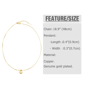 Detail view of 18k gold plated copper letter C necklace with precise dimensions and chain length