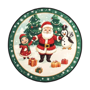 Close-up of a round Santa Claus rug with green Christmas trees and festive gift boxes