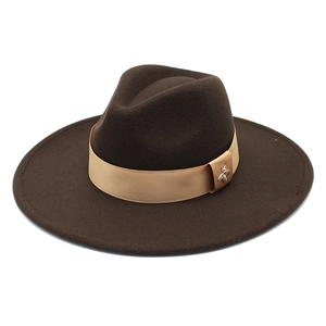 Detail of dark brown wool fedora hat featuring champagne gold ribbon and metal bee ornament