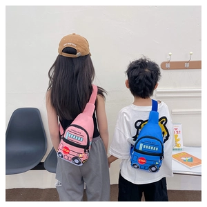 Kids' school bus chest bags in pink and blue worn by children in outdoor scenes