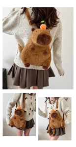 Three-angle views of a cute Capybara plush backpack with orange decoration on head