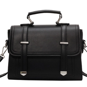 Classic black faux leather crossbody satchel bag with stylish metal buckles and top handle