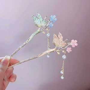 Pic À Cheveux Papillon Fleur Alliage Künstliche Perle Frange Style Chinois Traditionnel Hanfu Accessoire Cheveux Pour Femmes Élégant