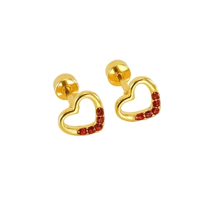 Detail of gold heart stud earrings with red crystal inlay and screw back closures