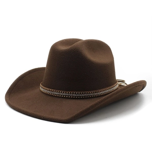Dark brown wool felt western cowboy hat with studded leather band on white background
