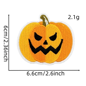 Detailed view of Halloween pumpkin embroidery patch with size dimensions 6.6cm x 6cm