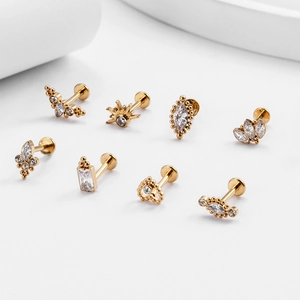Set of 8 gold titanium labret studs with zircon heart and marquise cartilage piercings