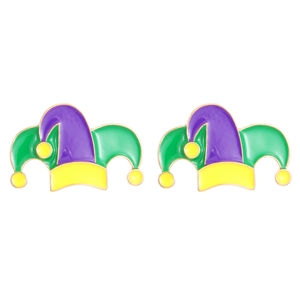 Three-color Carnival jester hat stud earrings with purple green and yellow enamel finish