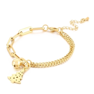 Gold stainless steel Christmas tree bracelet set with bell pendant and mixed chain design