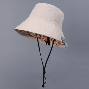 Detail of water-resistant nylon bucket hat featuring a graffiti print lining and windproof cord