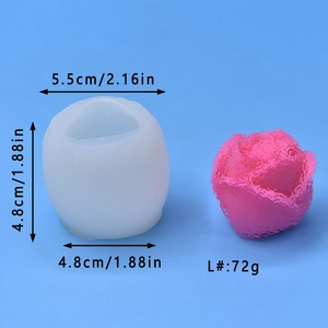 Detailed view of rose bud silicone mold with dimensions and 3D pink flower sample