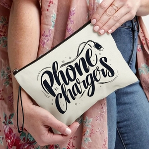Canvas makeup bag with 'PHONE chargers' print and black zipper for digital accessories