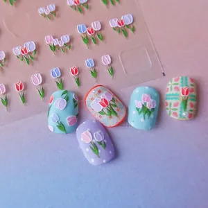 Tulip 5D Relief Nail Art Stickers 3D Self Adhesive Floral Manicure Decals For Women Girls Beauty Decoration
