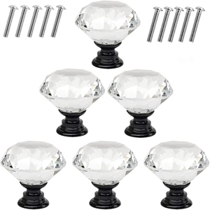Detail of six crystal glass drawer knobs with black alloy base and mounting screws