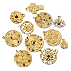 Golden titanium steel charms collection with evil eye clover and sun for DIY necklaces