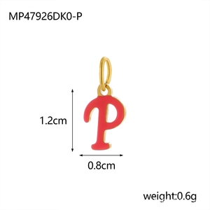 Detail view of red enamel letter P pendant with dimensions 1.2cm height and 0.8cm width