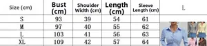 Size chart for women striped lapel cardigan shirt with bust and sleeve measurements