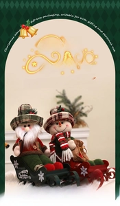 Detail of Santa and Snowman plush figures sitting in wooden Merry Christmas sleighs