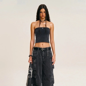 Top Tube Femme Coton Lavé Style Rétro Y2K Broderie Croix Coupe Ajustée Streetwear Top Bandeau Sans Bretelles